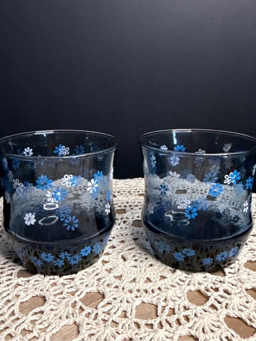 Libbey Blue and White Floral Glass Tumbler Pair